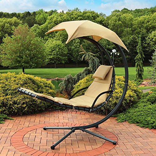 Sunnydaze Floating Chaise Lounger Swing Chair with Umbrella Canopy - Curved Steel Hammock Lounge Chair with Cushion and Pillow - Removable Cushion and Umbrella Shade - 82-Inch Tall - Beige