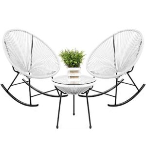 best choice products 3-piece outdoor acapulco all-weather woven rope patio conversation bistro set w/glass top table and 2 rocking chairs – white