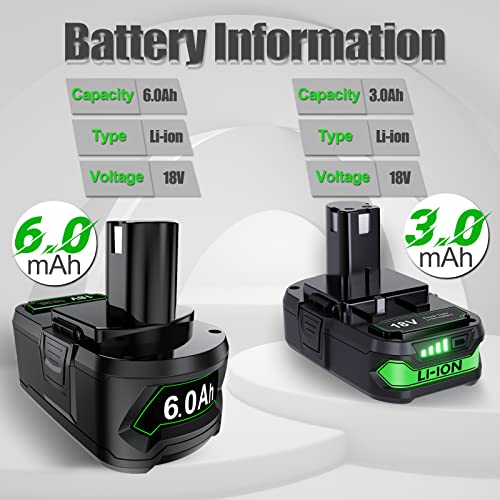 2Pack 18V Battery and Charger for Ryobi Lithium-ion 3.0Ah+6.0Ah P102 Battery Replacement and P117 Charger Compatible with Ryobi 18Volt ONE+ Plus P102 P107 P108 P189 Battery and 260051002 P118 Charger