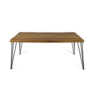 christopher knight home kama patio dining, rectangular, 72″, acacia wood table top, rustic iron hairpin legs, teak finish, metal