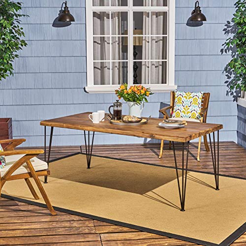 Christopher Knight Home Kama Patio Dining, Rectangular, 72", Acacia Wood Table Top, Rustic Iron Hairpin Legs, Teak Finish, Metal