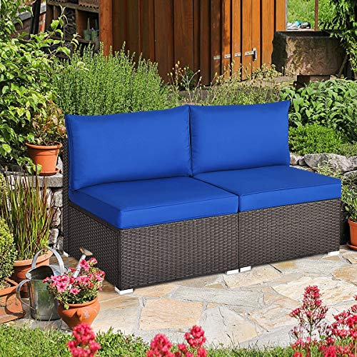 HAPPYGRILL 2-Piece Armless Sofa Set Outdoor Rattan Wicker Sectional Sofa Patio Chairs with Cushions for Porch Garden Balcony Poolside