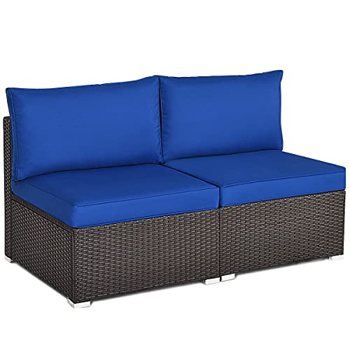 HAPPYGRILL 2-Piece Armless Sofa Set Outdoor Rattan Wicker Sectional Sofa Patio Chairs with Cushions for Porch Garden Balcony Poolside