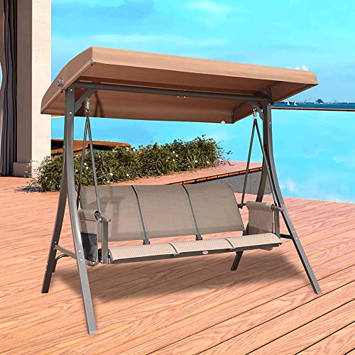 GOLDSUN 3 Person Patio Swing Chair with Storage Pocket Bag Weather Resistant Canopy Heavy Duty Steel Frame Hanging Glider Seating for Outdoor,Balcony,Garden, Porch,Deck and Poolside(Brown)
