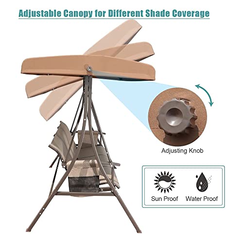 GOLDSUN 3 Person Patio Swing Chair with Storage Pocket Bag Weather Resistant Canopy Heavy Duty Steel Frame Hanging Glider Seating for Outdoor,Balcony,Garden, Porch,Deck and Poolside(Brown)