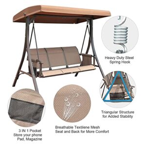 GOLDSUN 3 Person Patio Swing Chair with Storage Pocket Bag Weather Resistant Canopy Heavy Duty Steel Frame Hanging Glider Seating for Outdoor,Balcony,Garden, Porch,Deck and Poolside(Brown)