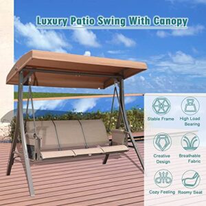 GOLDSUN 3 Person Patio Swing Chair with Storage Pocket Bag Weather Resistant Canopy Heavy Duty Steel Frame Hanging Glider Seating for Outdoor,Balcony,Garden, Porch,Deck and Poolside(Brown)