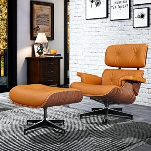 taller size lounge chair with ottoman, mid century lounge chair with 8-layer solid wood and heavy duty aluminum base for living room study lounge (walnut and orange)