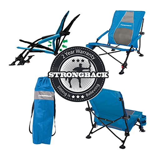 STRONGBACK Beach Chairs - Low Gravity Recliner 2.0 Portable Beach Chair - with Built-in Lumbar Support, Heavy Duty Folding Beach Chairs, Great for Travel, Blue/Gen 2