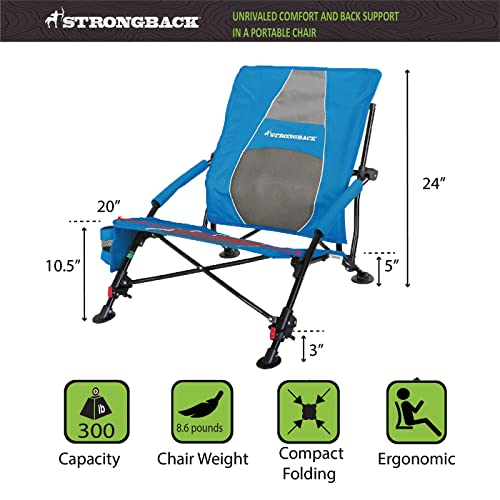 STRONGBACK Beach Chairs - Low Gravity Recliner 2.0 Portable Beach Chair - with Built-in Lumbar Support, Heavy Duty Folding Beach Chairs, Great for Travel, Blue/Gen 2