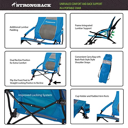 STRONGBACK Beach Chairs - Low Gravity Recliner 2.0 Portable Beach Chair - with Built-in Lumbar Support, Heavy Duty Folding Beach Chairs, Great for Travel, Blue/Gen 2