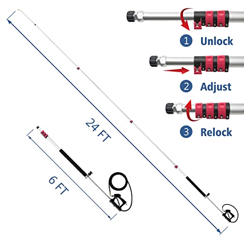 janz 24 FT Pressure Washer Telescoping Wand with Power Washer Extension Wand, Gutter Cleaner Attachment, Support Harness, 5 Spray Nozzle Tips and 2 Hose Inlet Adapters