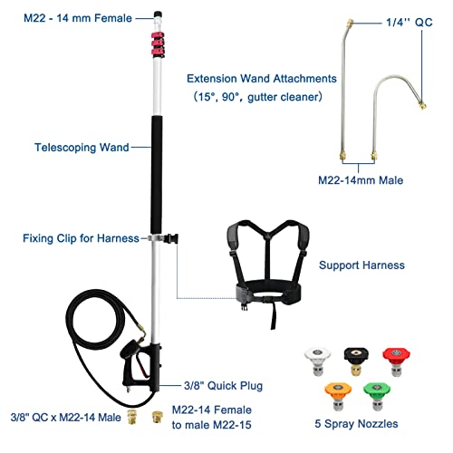 janz 24 FT Pressure Washer Telescoping Wand with Power Washer Extension Wand, Gutter Cleaner Attachment, Support Harness, 5 Spray Nozzle Tips and 2 Hose Inlet Adapters