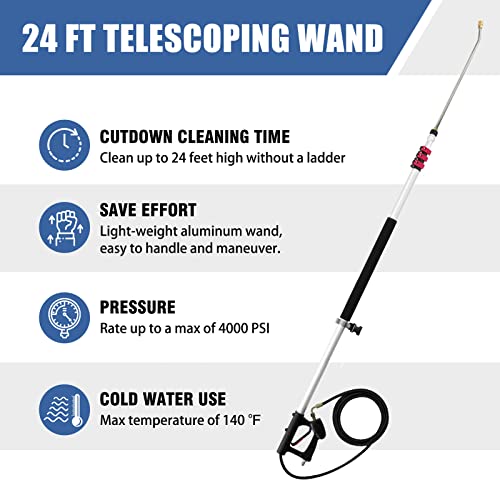 janz 24 FT Pressure Washer Telescoping Wand with Power Washer Extension Wand, Gutter Cleaner Attachment, Support Harness, 5 Spray Nozzle Tips and 2 Hose Inlet Adapters