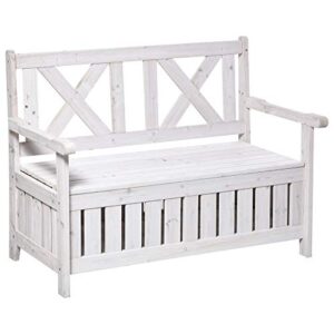 outsunny 29 gallon garden storage bench with wooden frame, large entryway deck box w/unique x-shape back, louvered side panels for patio, garden, deck, porch & balcony, white