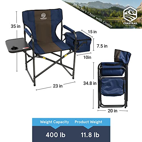 Coastrail Outdoor Folding Directors Chair with Cooler Camping Chair Portable with Side Table, Aluminum Heavy Duty for Picnic, Patio, Lawn, Garden, Support 400 lbs