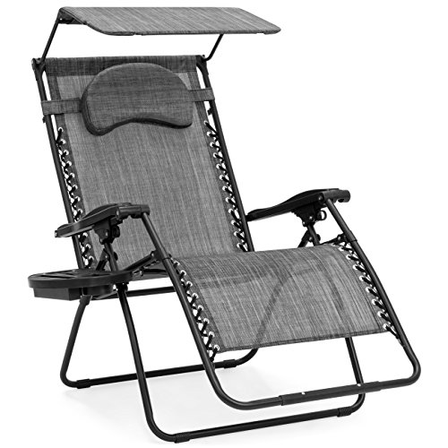 Best Choice Products Oversized Steel Mesh Zero Gravity Reclining Lounge Patio Chair w/ Folding Canopy Shade and Cup Holder, Gray