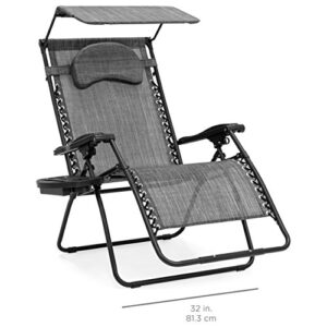 Best Choice Products Oversized Steel Mesh Zero Gravity Reclining Lounge Patio Chair w/ Folding Canopy Shade and Cup Holder, Gray