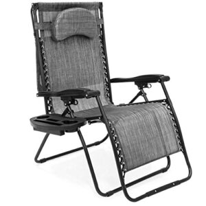 Best Choice Products Oversized Steel Mesh Zero Gravity Reclining Lounge Patio Chair w/ Folding Canopy Shade and Cup Holder, Gray