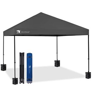 KUZNAP 12’x12’ Pop up Canopy Tent Patented EZ Set up Instant Outdoor Canopy with Wheeled Carry Bag Bonus 4 Weight Sandbags, 8 Stakes and 4 Ropes， Grey