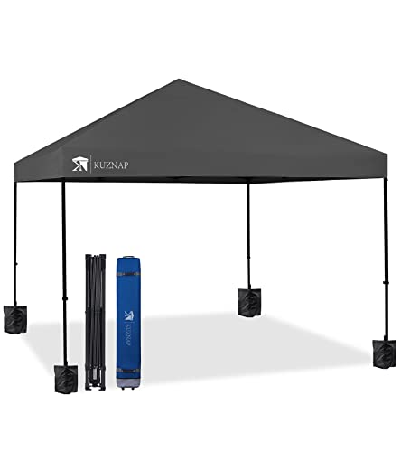 KUZNAP 12’x12’ Pop up Canopy Tent Patented EZ Set up Instant Outdoor Canopy with Wheeled Carry Bag Bonus 4 Weight Sandbags, 8 Stakes and 4 Ropes， Grey