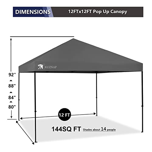 KUZNAP 12’x12’ Pop up Canopy Tent Patented EZ Set up Instant Outdoor Canopy with Wheeled Carry Bag Bonus 4 Weight Sandbags, 8 Stakes and 4 Ropes， Grey