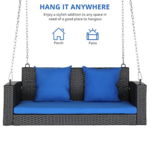 Outvita Porch Swing 2 Person Hanging Bench, Wicker Outdoor Swing Bench with Cushion and Pillow for Patio, Yard, Garden Hold Up to 800 lbs (Blue)