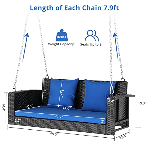 Outvita Porch Swing 2 Person Hanging Bench, Wicker Outdoor Swing Bench with Cushion and Pillow for Patio, Yard, Garden Hold Up to 800 lbs (Blue)