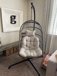 wicker ratten swing egg chair with stand patio hanging basket chair with stand (gray)