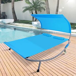 coverco patio double chaise lounge bed with canopy,headrest pillow and wheels,portable outdoor hammock bed for patio, yard, pool (blue) 2