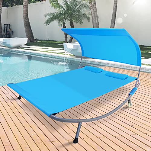 COVERCO Patio Double Chaise Lounge Bed with Canopy,Headrest Pillow and Wheels,Portable Outdoor Hammock Bed for Patio, Yard, Pool (Blue) 2