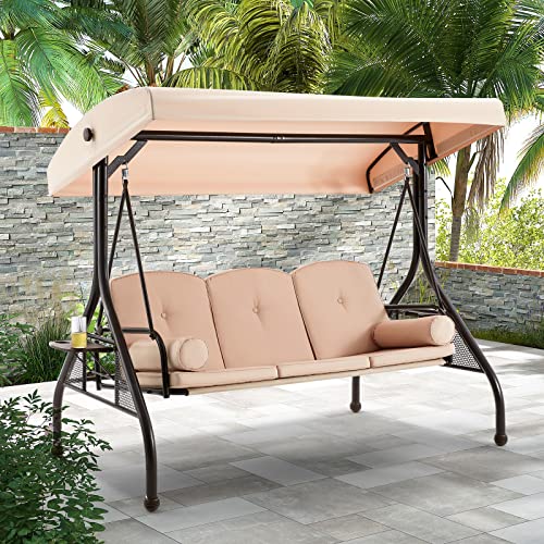 HOMREST 3 Seat Outdoor Porch Swing,Adjustable Canopy Porch Swings,Outdoor Swing with Stand, Patio Glider Chair with Thicken Cushions,Pillow & Cup Holder