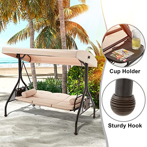 HOMREST 3 Seat Outdoor Porch Swing,Adjustable Canopy Porch Swings,Outdoor Swing with Stand, Patio Glider Chair with Thicken Cushions,Pillow & Cup Holder