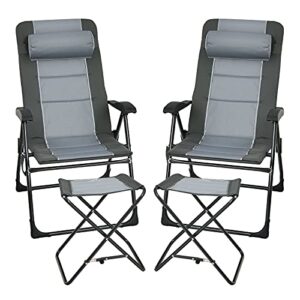 giantex set of 2 patio dining chairs with footstools, folding recliner chairs with 7-position adjustable backrest, headrest, mesh bag, outdoor portable lounge chairs for poolside backyard, grey