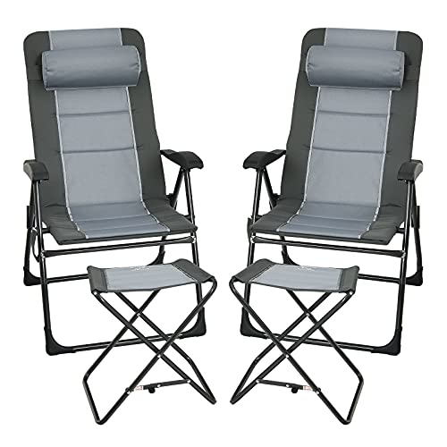 Giantex Set of 2 Patio Dining Chairs with Footstools, Folding Recliner Chairs with 7-Position Adjustable Backrest, Headrest, Mesh Bag, Outdoor Portable Lounge Chairs for Poolside Backyard, Grey