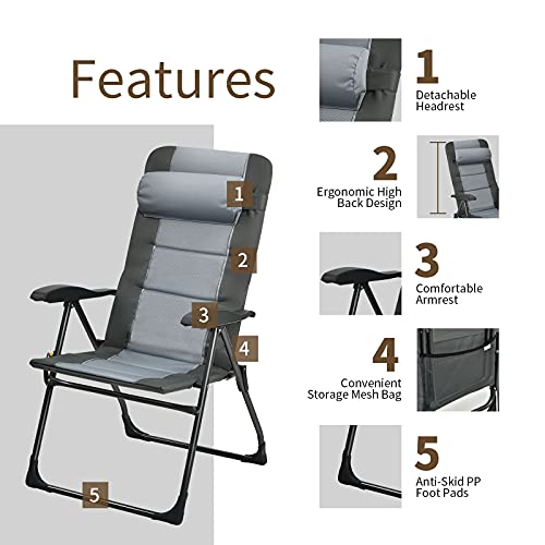 Giantex Set of 2 Patio Dining Chairs with Footstools, Folding Recliner Chairs with 7-Position Adjustable Backrest, Headrest, Mesh Bag, Outdoor Portable Lounge Chairs for Poolside Backyard, Grey