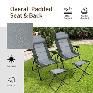 Giantex Set of 2 Patio Dining Chairs with Footstools, Folding Recliner Chairs with 7-Position Adjustable Backrest, Headrest, Mesh Bag, Outdoor Portable Lounge Chairs for Poolside Backyard, Grey