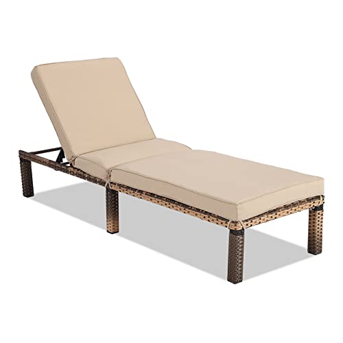 LETATA Patio Rattan Lounge Chair Outdoors with Adjustable Backrest Height, Sunbed Outdoor Wicker Chaise Longue with Removable Thickened Cushions for Poolside,Garden,Backyard,Lawn