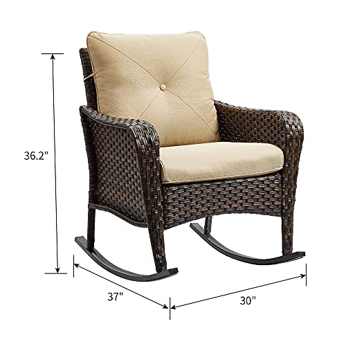 Rilyson Rocking Chair Outdoor，Patio Wicker Rocker Chair Porch Lawn Rocking Chair Deep Seating with Cushion (Brown/Beige)