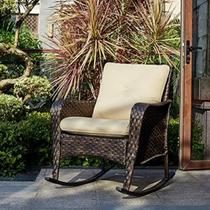 Rilyson Rocking Chair Outdoor，Patio Wicker Rocker Chair Porch Lawn Rocking Chair Deep Seating with Cushion (Brown/Beige)