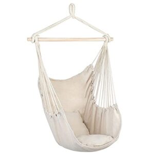 hammock hanging swinging chair, hanging chair for bedroom – max 265 lbs – balcony with thick cushion beige – steel spreader bar with anti-slip rings – for any indoor or outdoor spaces (beige)