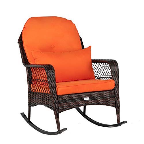 VINGLI Outdoor Wicker Rocking Chair with Cushions & Pillow, Rocker Chair Outdoor Porch Rocking Chair Wicker Chair, Rattan Rocking Chair for Garden, Porch, Backyard (1 Pack)