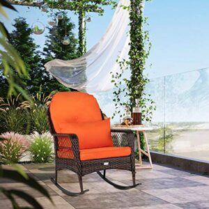 VINGLI Outdoor Wicker Rocking Chair with Cushions & Pillow, Rocker Chair Outdoor Porch Rocking Chair Wicker Chair, Rattan Rocking Chair for Garden, Porch, Backyard (1 Pack)