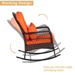 VINGLI Outdoor Wicker Rocking Chair with Cushions & Pillow, Rocker Chair Outdoor Porch Rocking Chair Wicker Chair, Rattan Rocking Chair for Garden, Porch, Backyard (1 Pack)