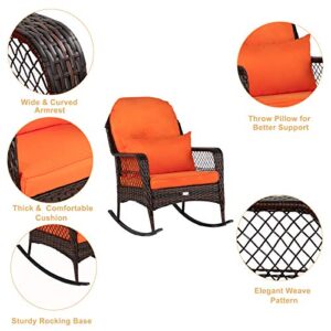 VINGLI Outdoor Wicker Rocking Chair with Cushions & Pillow, Rocker Chair Outdoor Porch Rocking Chair Wicker Chair, Rattan Rocking Chair for Garden, Porch, Backyard (1 Pack)