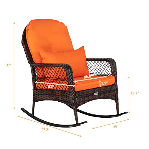 VINGLI Outdoor Wicker Rocking Chair with Cushions & Pillow, Rocker Chair Outdoor Porch Rocking Chair Wicker Chair, Rattan Rocking Chair for Garden, Porch, Backyard (1 Pack)