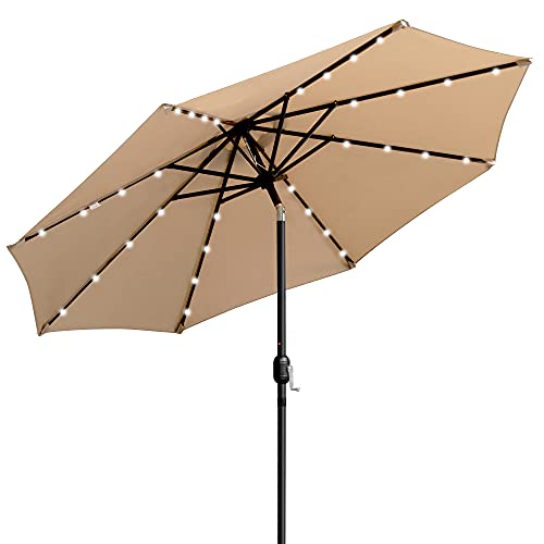 Sun-Ray 811001 9' Round 8-Rib Solar Lighted Patio Umbrella, 32 LED Lights, Push Button Tilt and Crank, Steel Frame, Taupe