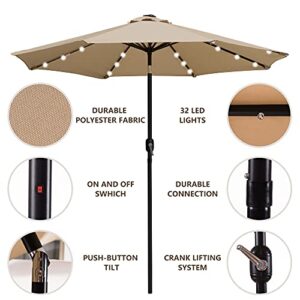 Sun-Ray 811001 9' Round 8-Rib Solar Lighted Patio Umbrella, 32 LED Lights, Push Button Tilt and Crank, Steel Frame, Taupe