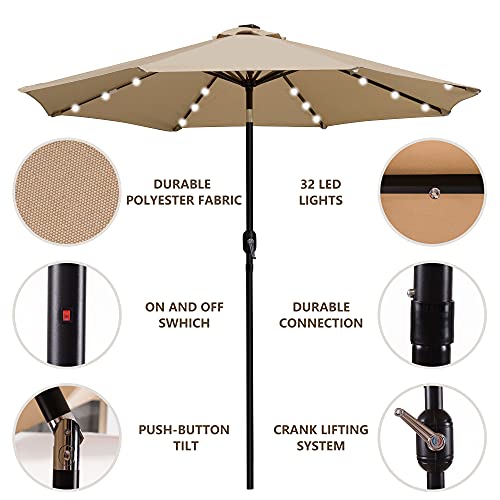 Sun-Ray 811001 9' Round 8-Rib Solar Lighted Patio Umbrella, 32 LED Lights, Push Button Tilt and Crank, Steel Frame, Taupe