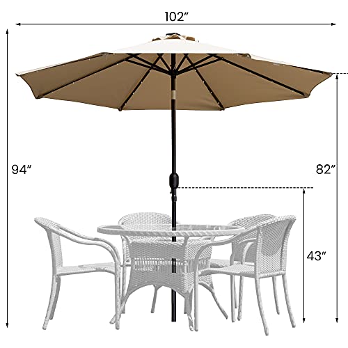 Sun-Ray 811001 9' Round 8-Rib Solar Lighted Patio Umbrella, 32 LED Lights, Push Button Tilt and Crank, Steel Frame, Taupe